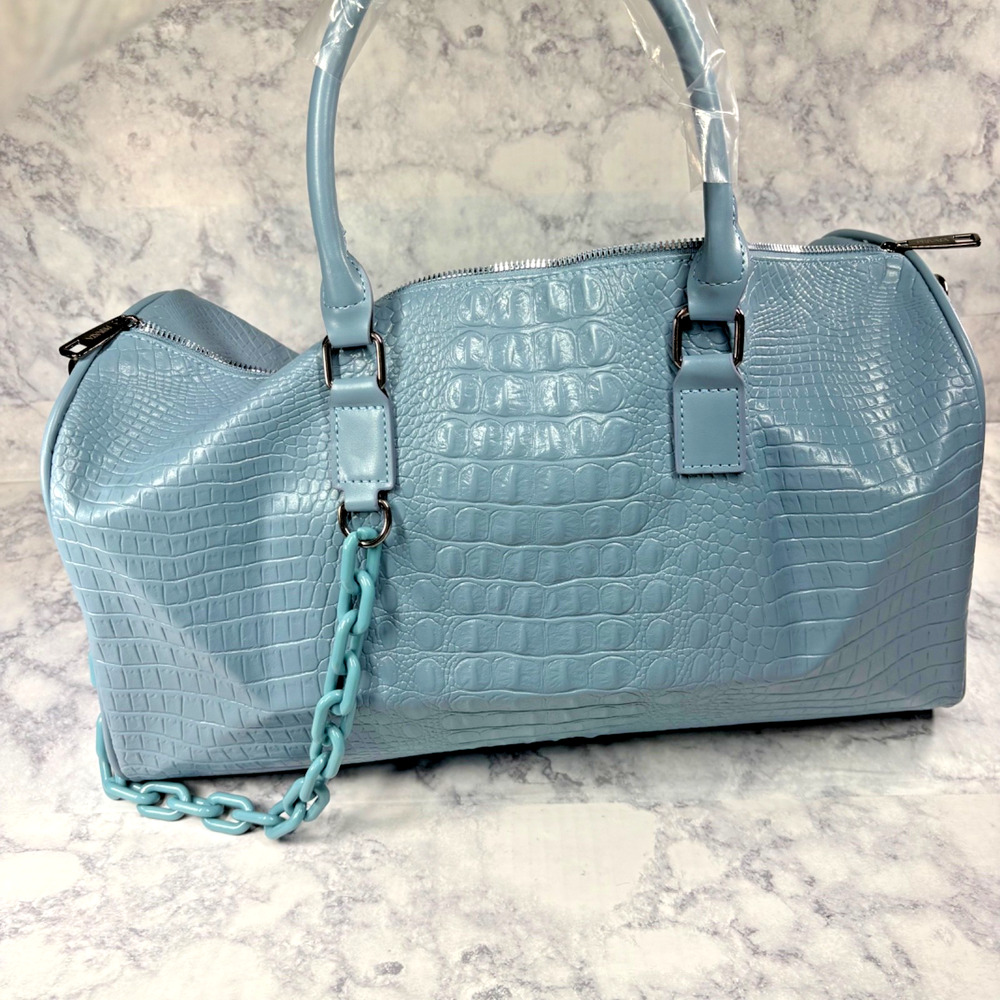 PRIVATA Blue Faux Croc-Embossed Large Duffle Bag Zip Chain 2-Way Strap Eco Care